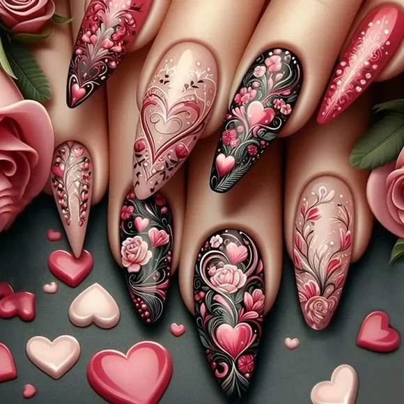 ♥️ 24 Pcs Hearts & Roses Press on Nail Set Almond Medium Length Fake Nails - Picture 1 of 10